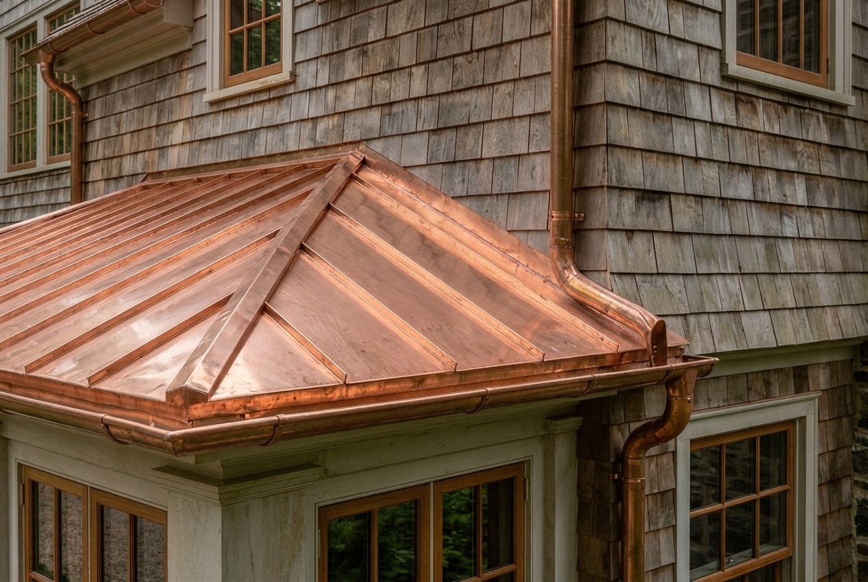 Hand-soldered copper flashing and standing seam roof meeting a shingled dormer