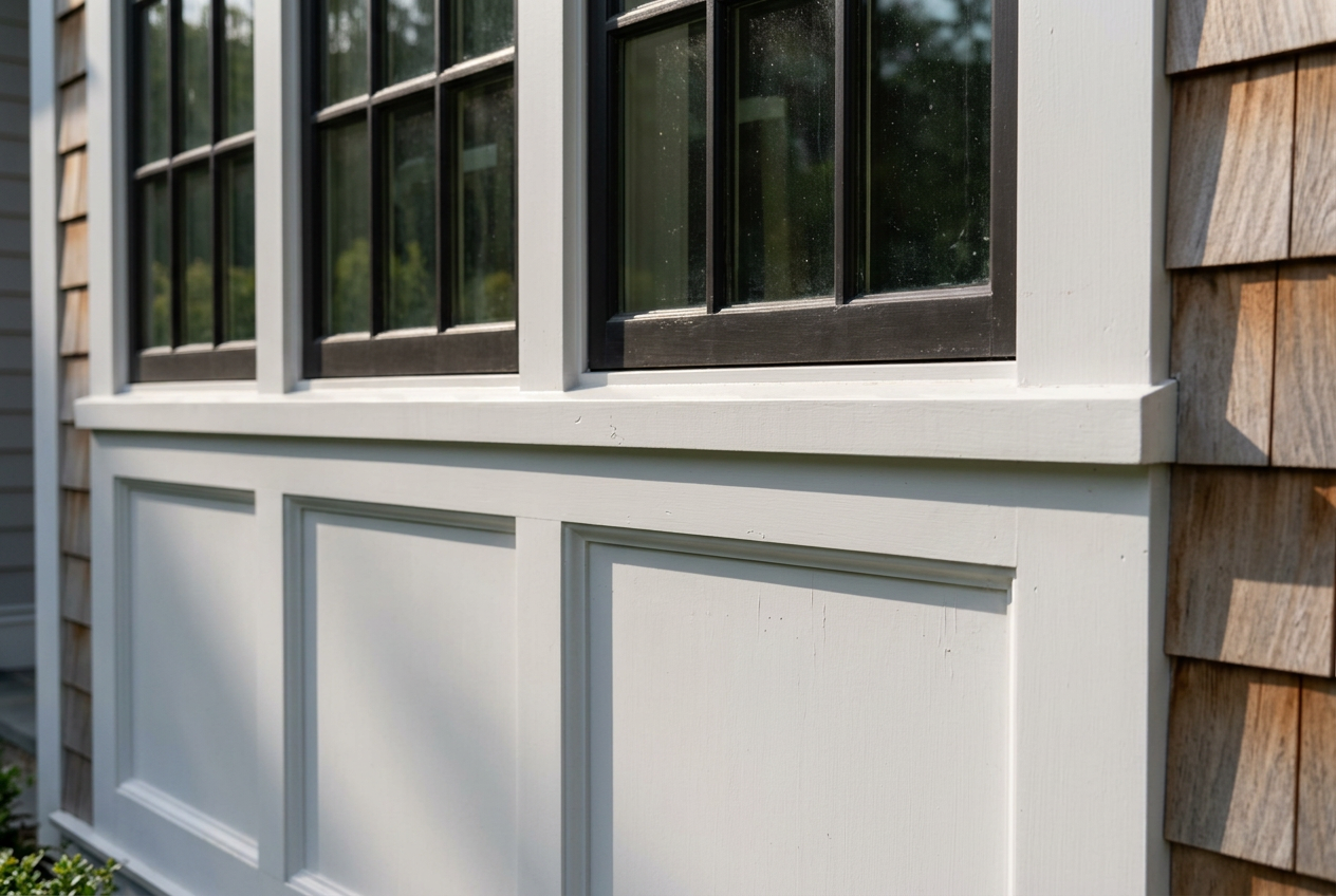 Precisely fitted exterior paneling beneath traditional divided-light windows