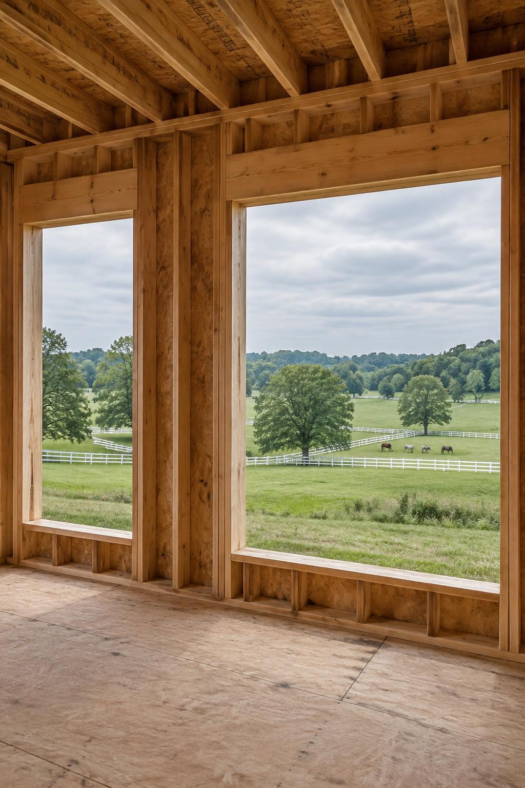 Timber frame joinery and plumb structural framing before the walls close in