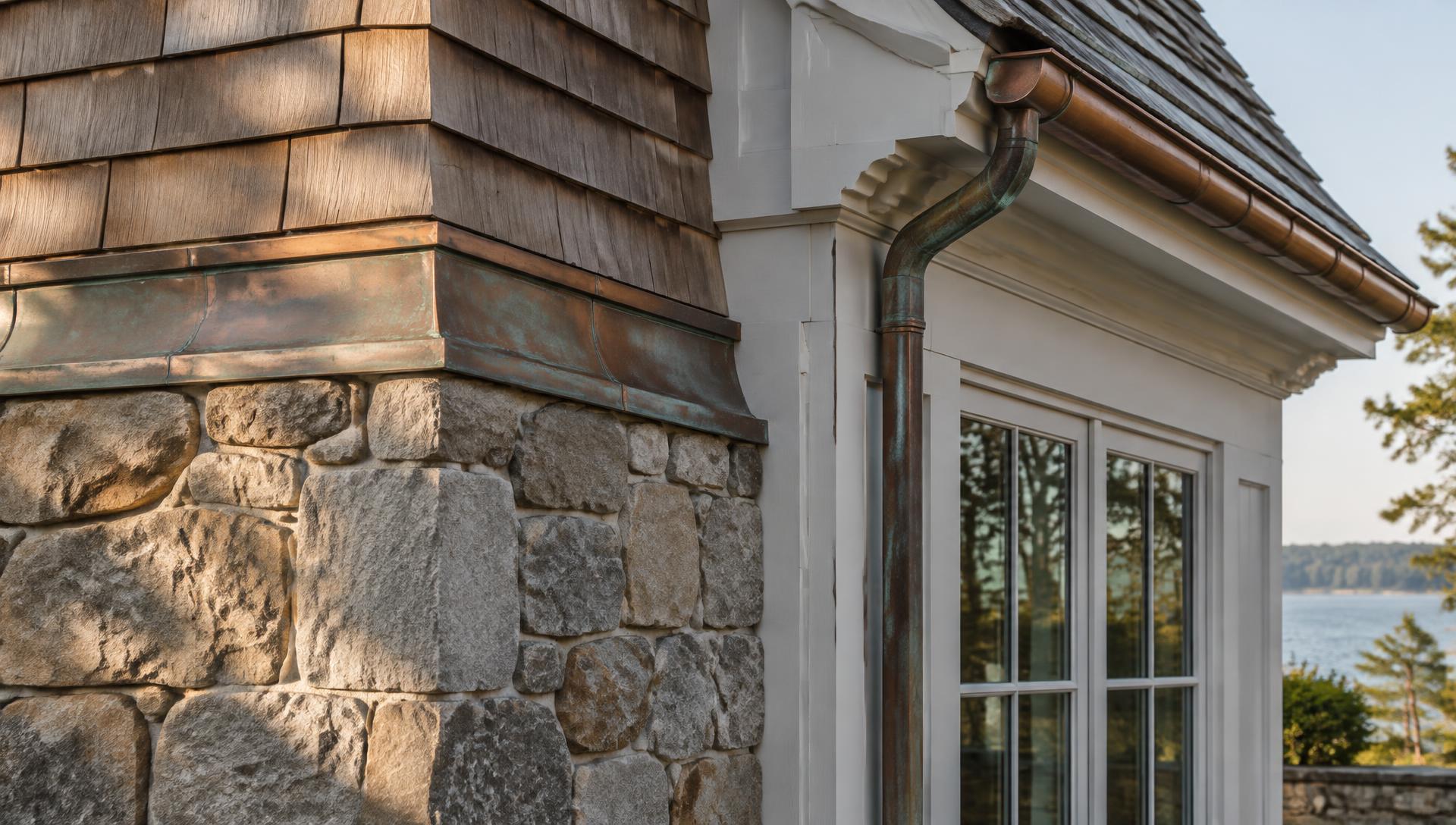 Cedar shingle, hand-laid stone, and aged copper flashing meeting in a traditional exterior detail