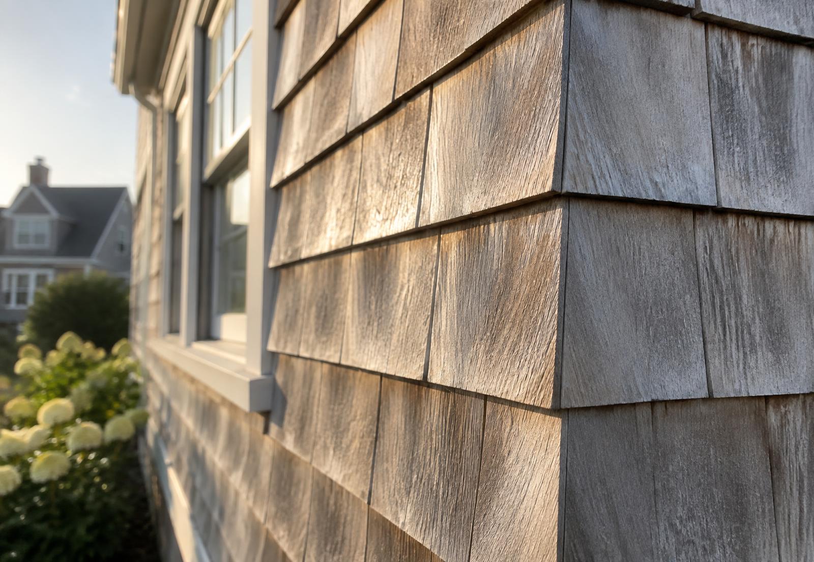 Woven cedar shingle corner, each course mitered and aligned by hand