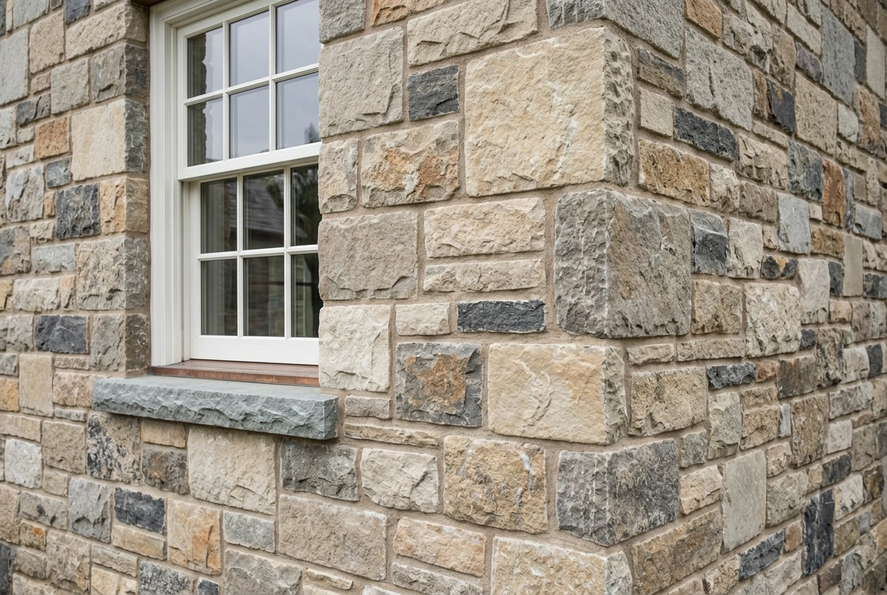 Hand-laid fieldstone wall with tight tooled joints beneath a bluestone cap