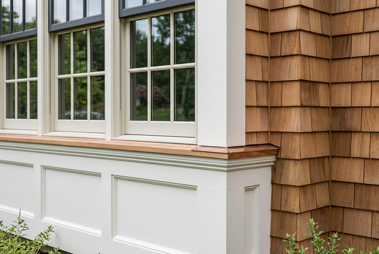 Copper-protected sill, paneled apron, and cedar shingles meeting at a carefully finished corner