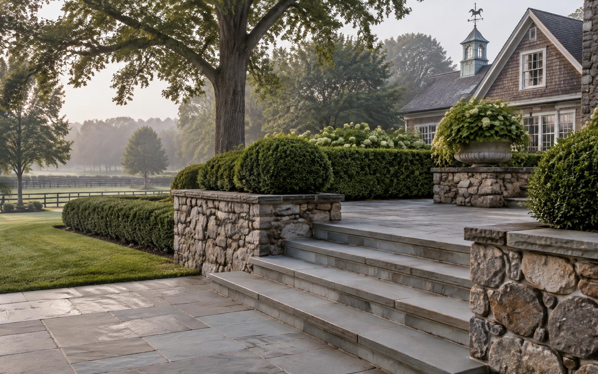 Bluestone terrace, fieldstone wall, and clipped boxwood at a country estate