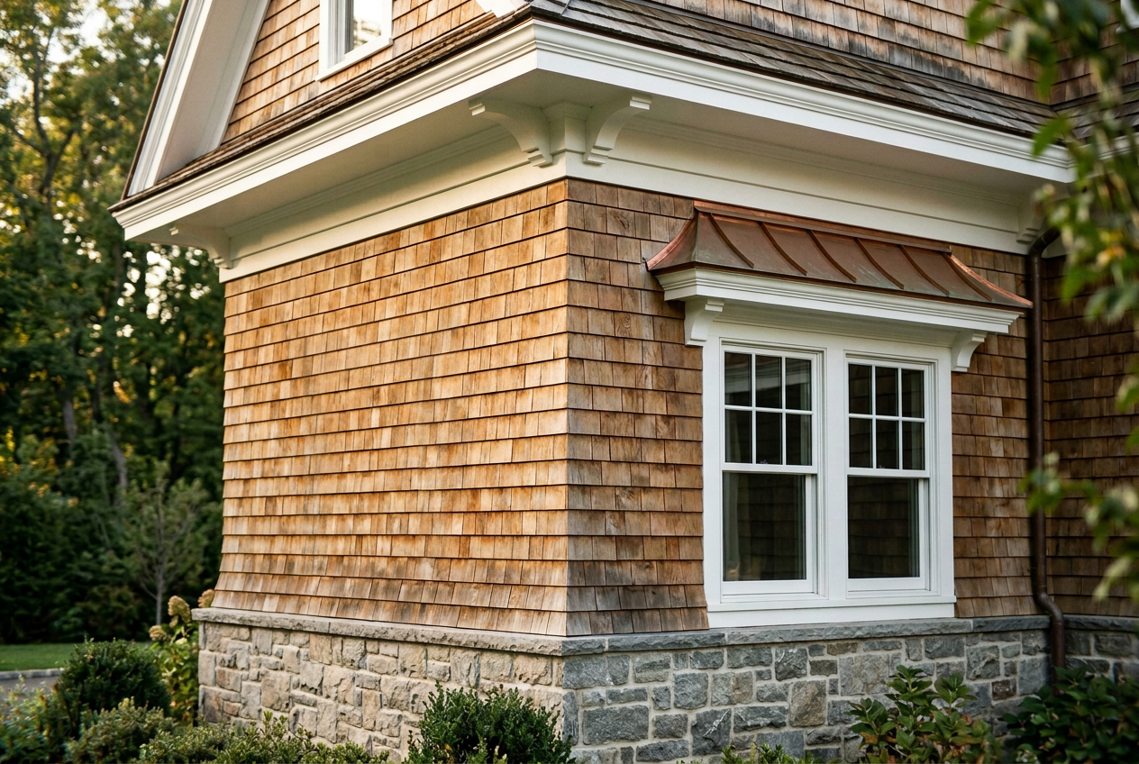 Cedar-shingle estate corner with precise white millwork, copper roofing, and a fieldstone base
