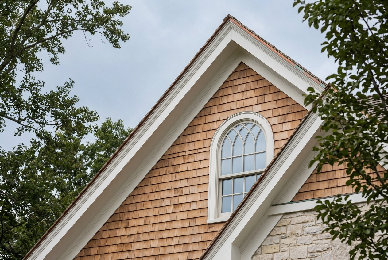 Warm cedar shingles, crisp white trim, and an arched divided-light window on a Somerset Hills estate gable