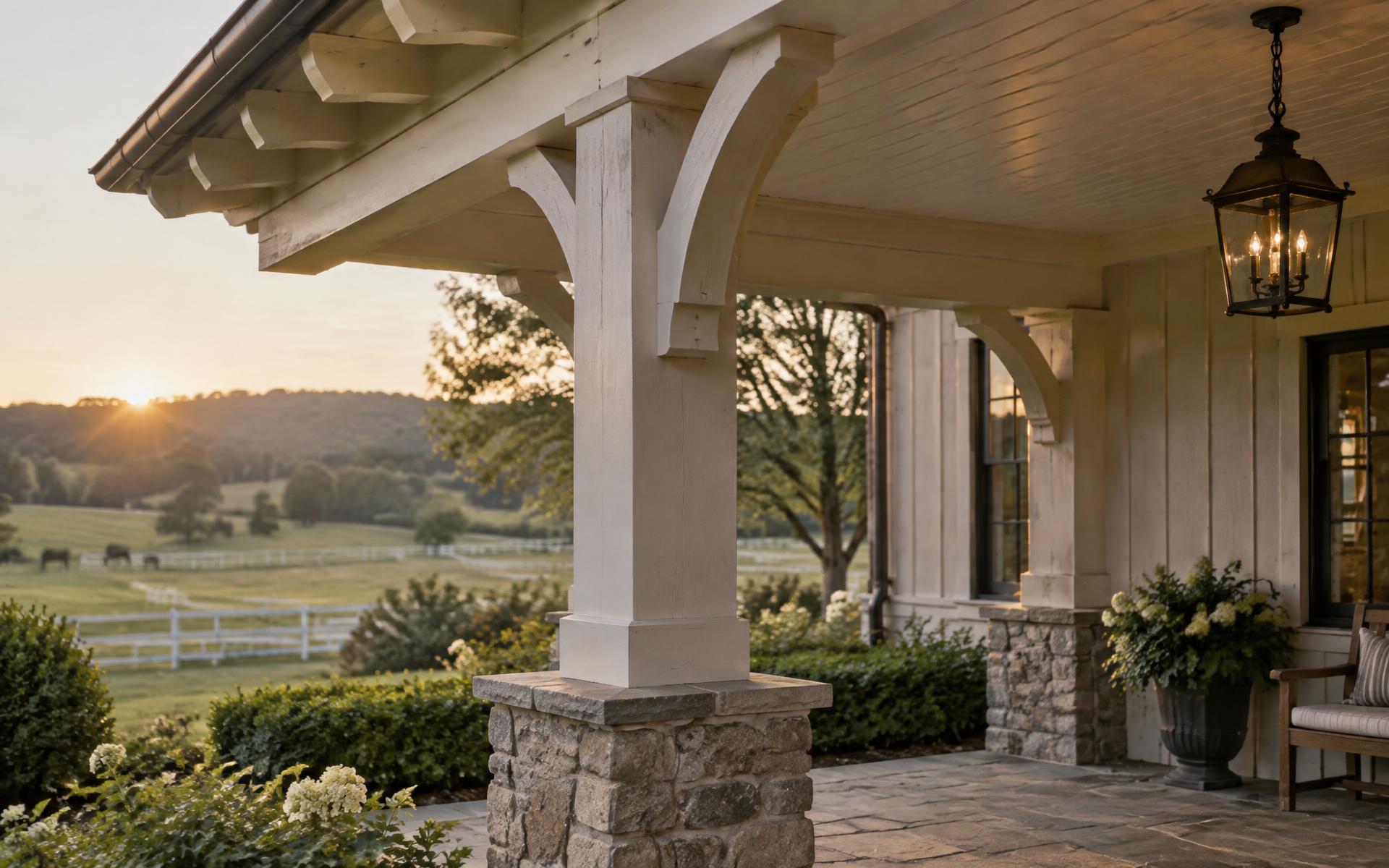 Craftsman porch timbers and stone piers overlooking horse-country pasture